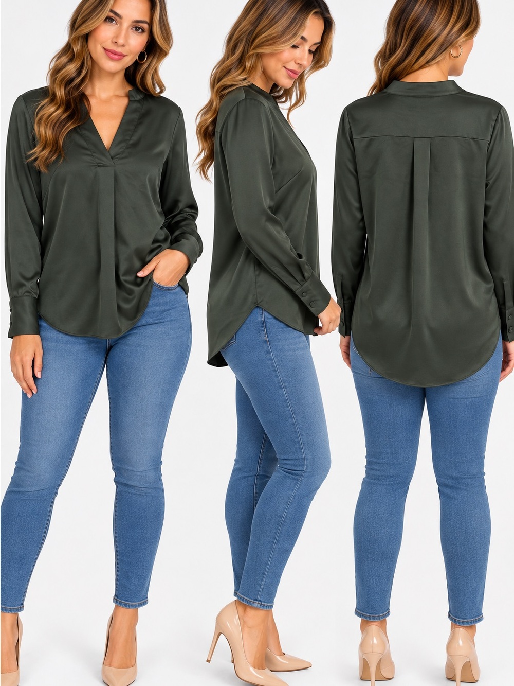 H&M Dark Green Satin V-Neck Long Sleeve Blouse – XXS
